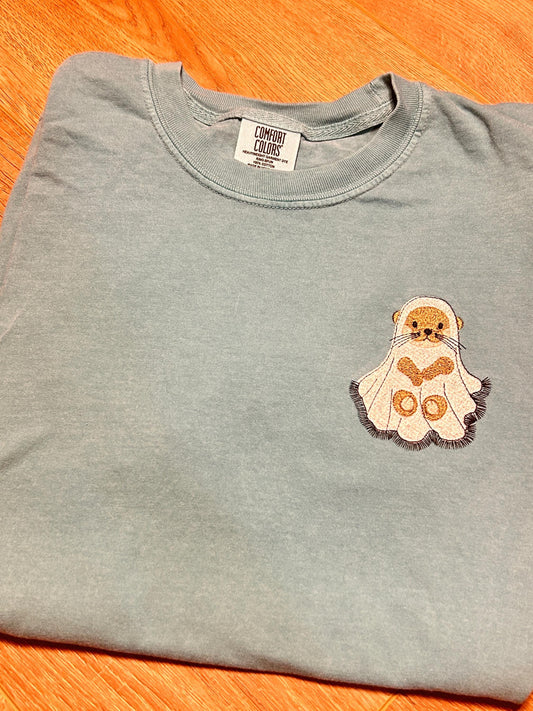 Spooky Otter Halloween Embroidered Comfort Colors T-Shirt Sweatshirt, Ghost, Animals, Scary