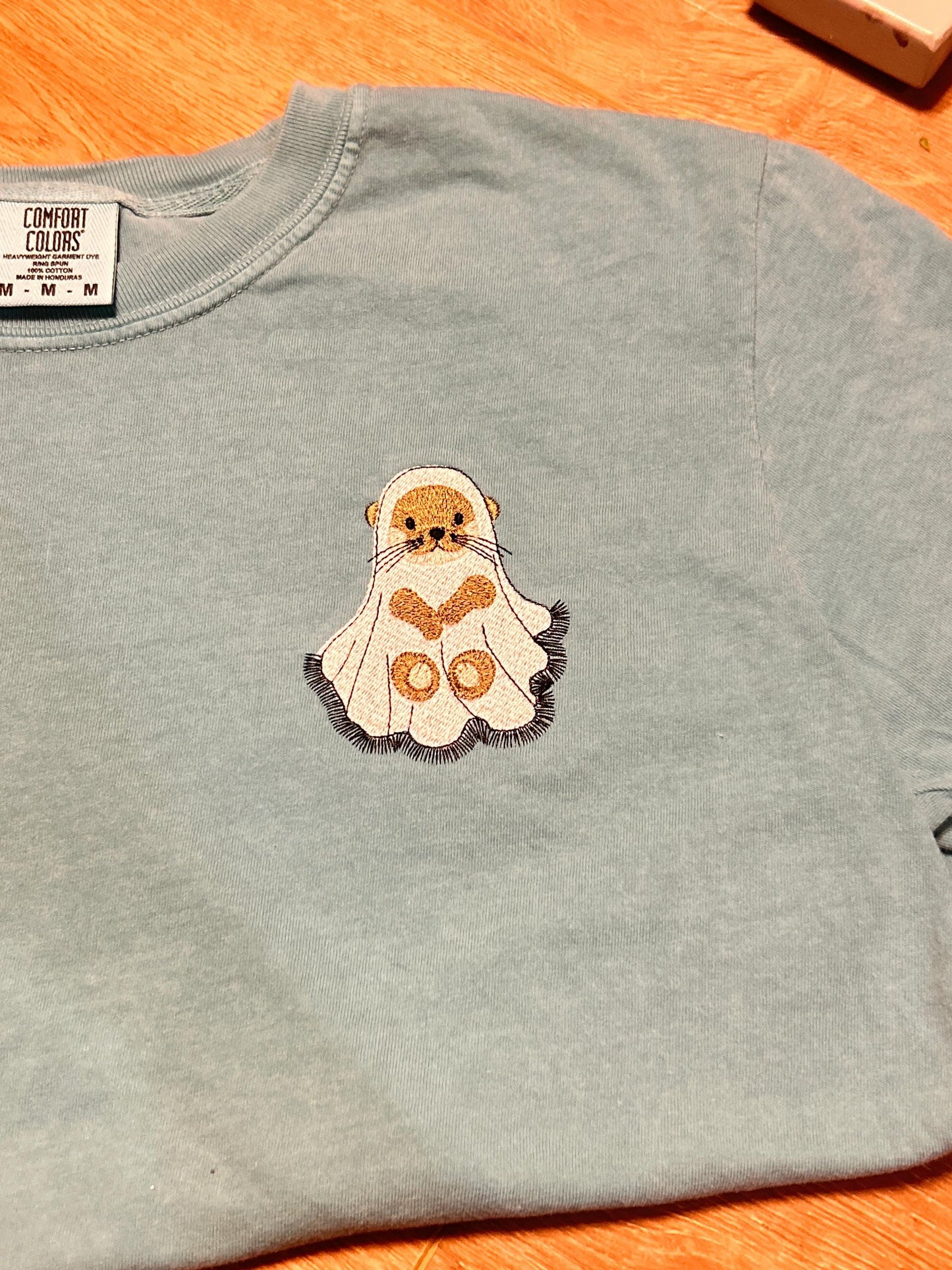 Spooky Otter Halloween Embroidered Comfort Colors T-Shirt Sweatshirt, Ghost, Animals, Scary