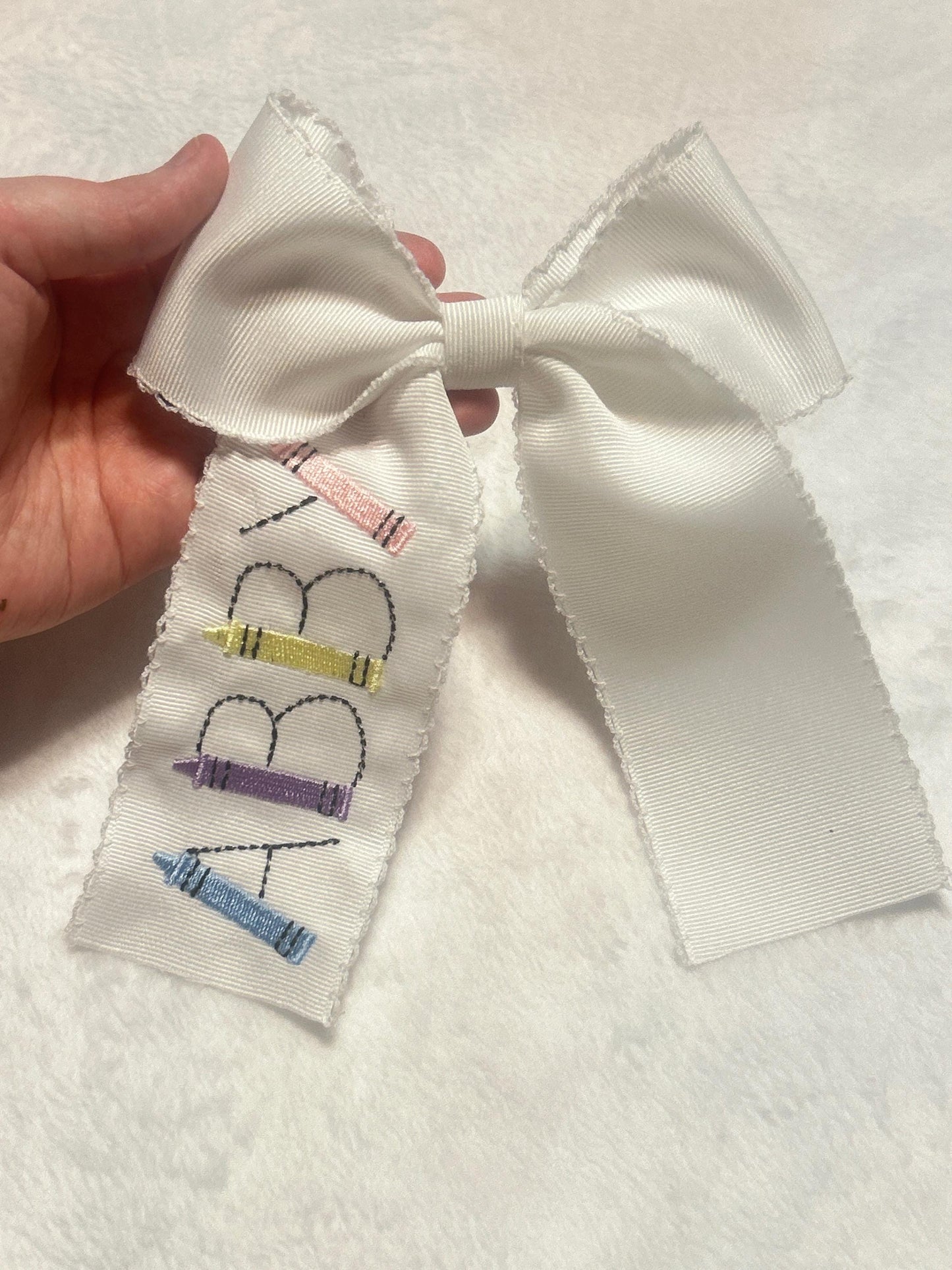 Back to School Crayon Personalized Embroidered Hairbow, Custom Embroidery Kids, Preschool, Elementary, Pre-K