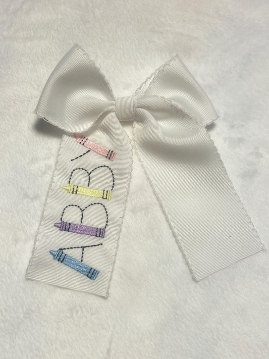 Back to School Crayon Personalized Embroidered Hairbow, Custom Embroidery Kids, Preschool, Elementary, Pre-K