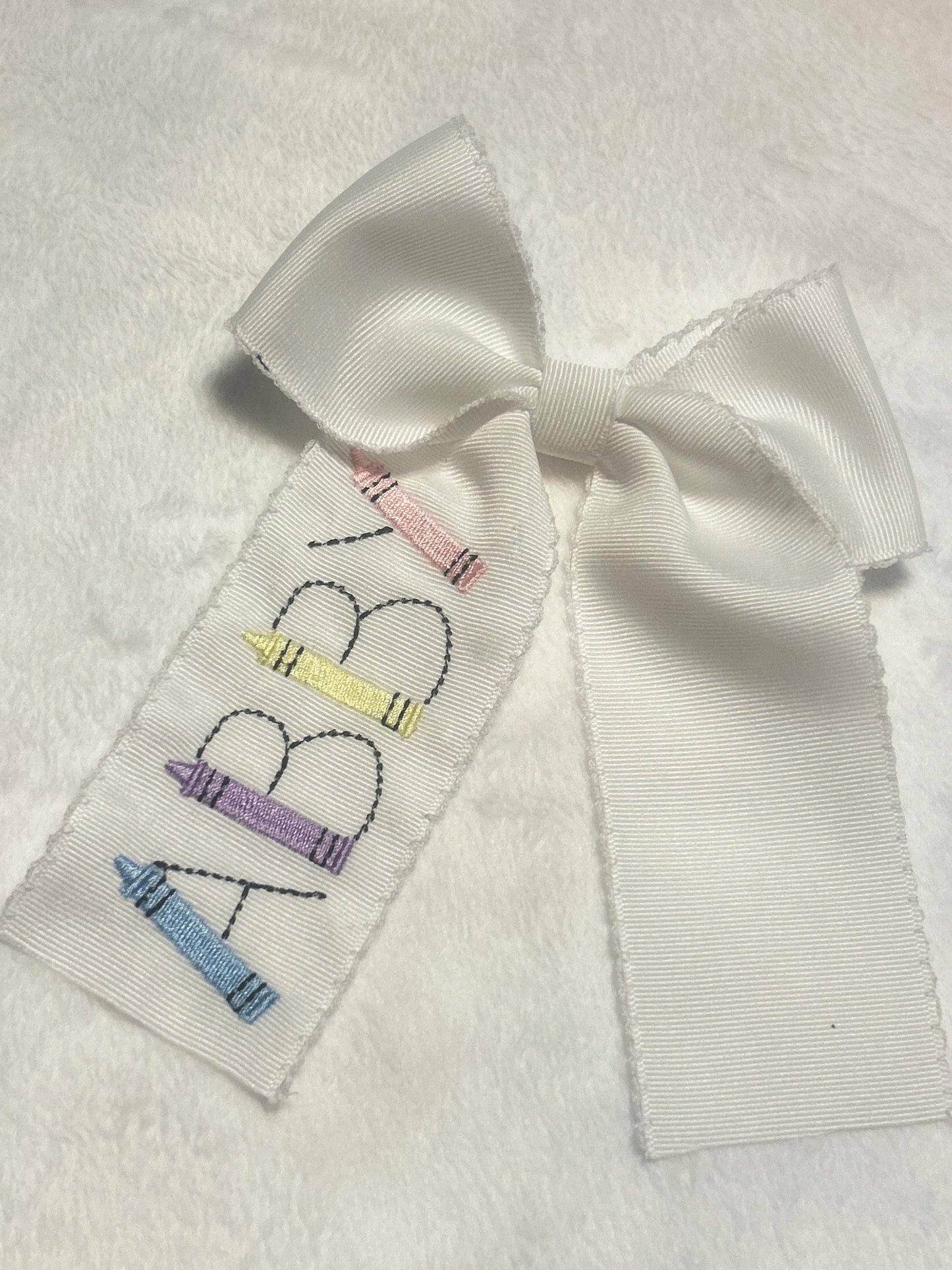 Back to School Crayon Personalized Embroidered Hairbow, Custom Embroidery Kids, Preschool, Elementary, Pre-K