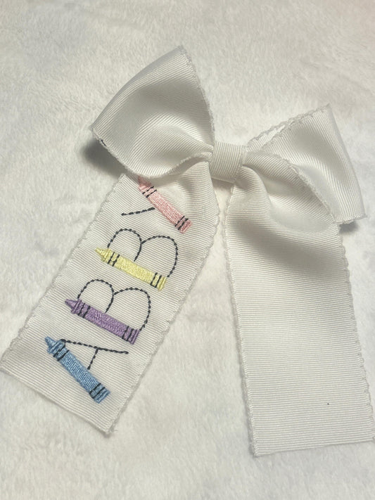 Back to School Crayon Personalized Embroidered Hairbow, Custom Embroidery Kids, Preschool, Elementary, Pre-K