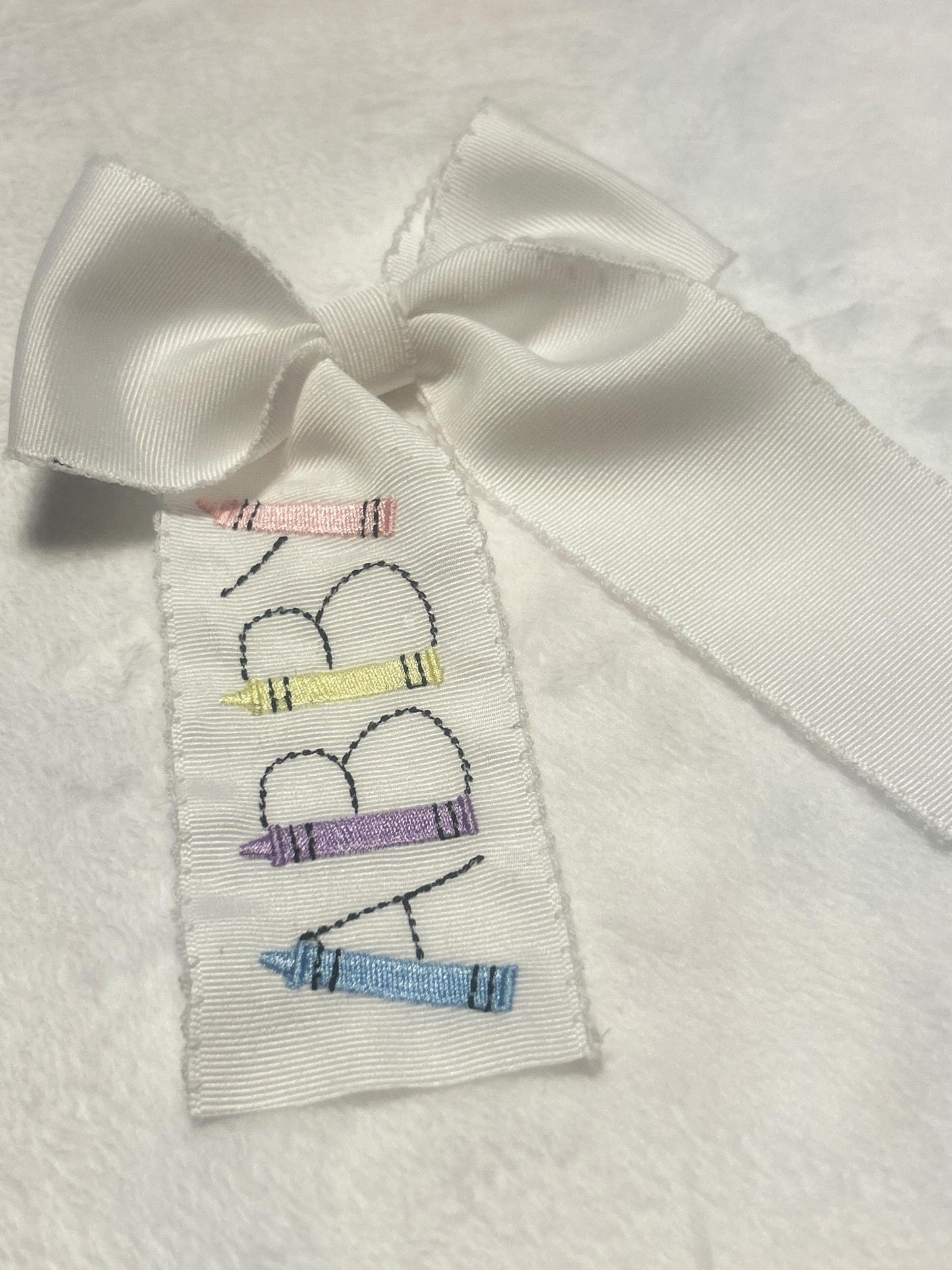 Back to School Crayon Personalized Embroidered Hairbow, Custom Embroidery Kids, Preschool, Elementary, Pre-K
