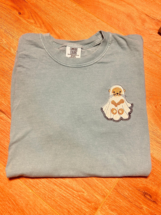 Spooky Otter Halloween Embroidered Comfort Colors T-Shirt Sweatshirt, Ghost, Animals, Scary