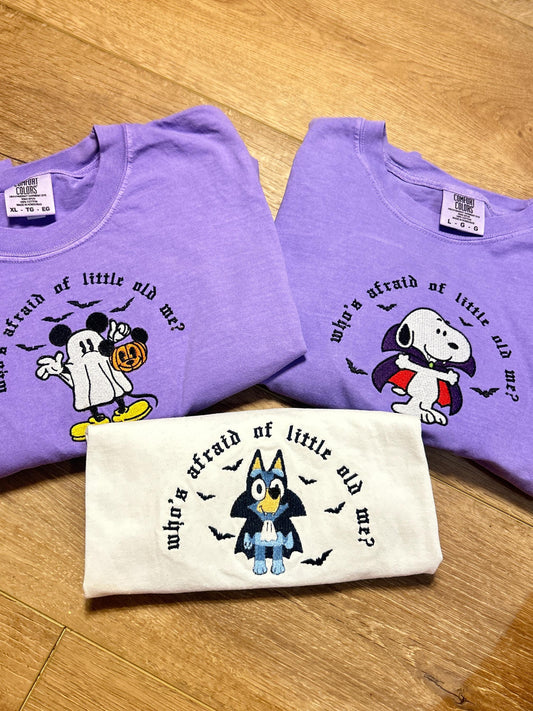 PREORDER Who's Afraid Embroidered T-Shirt BLUE DOG, kids and adults, halloween