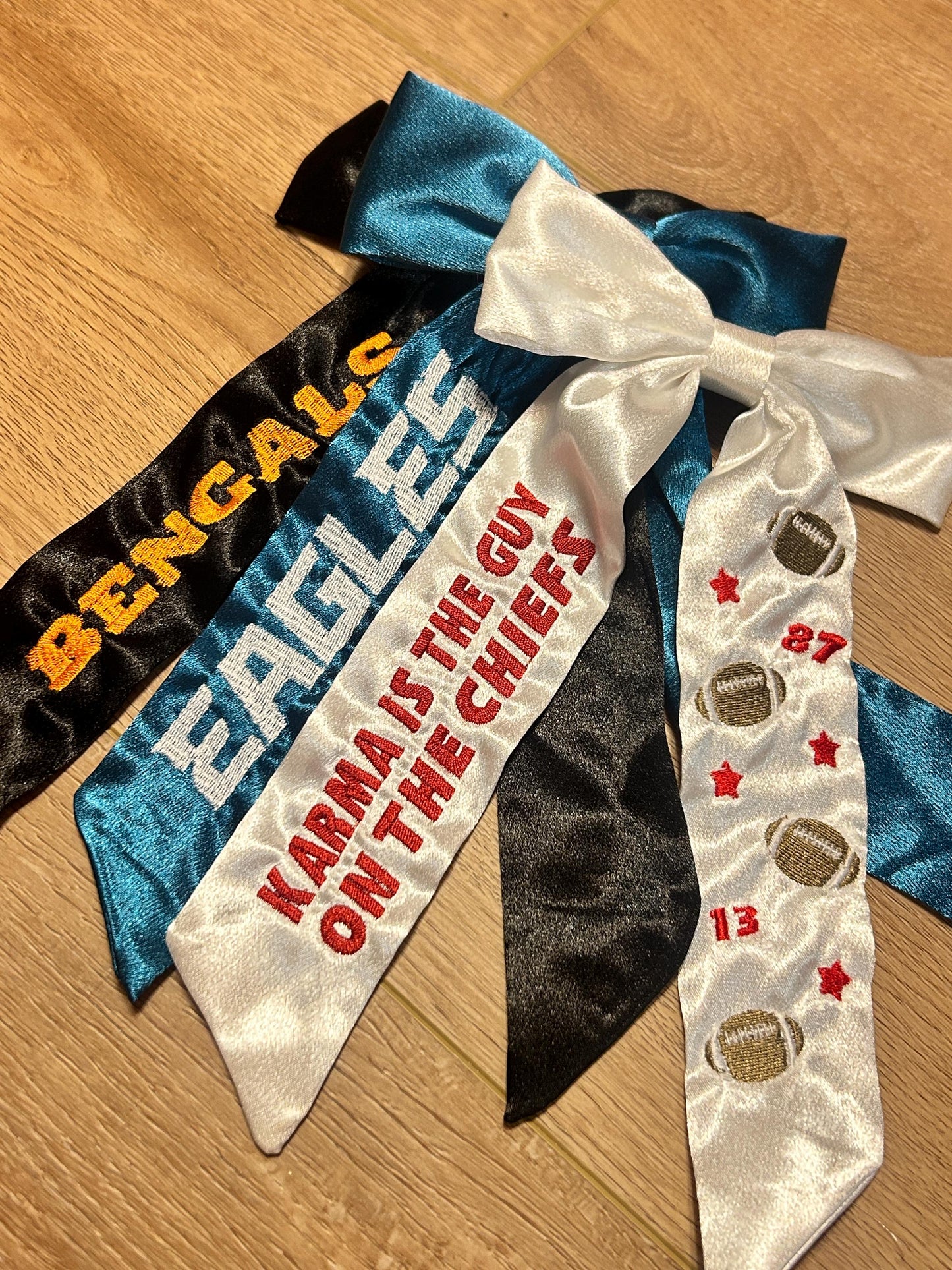 Football Custom Embroidered Concert Bows, Gifts for Her, Karma is the Guy