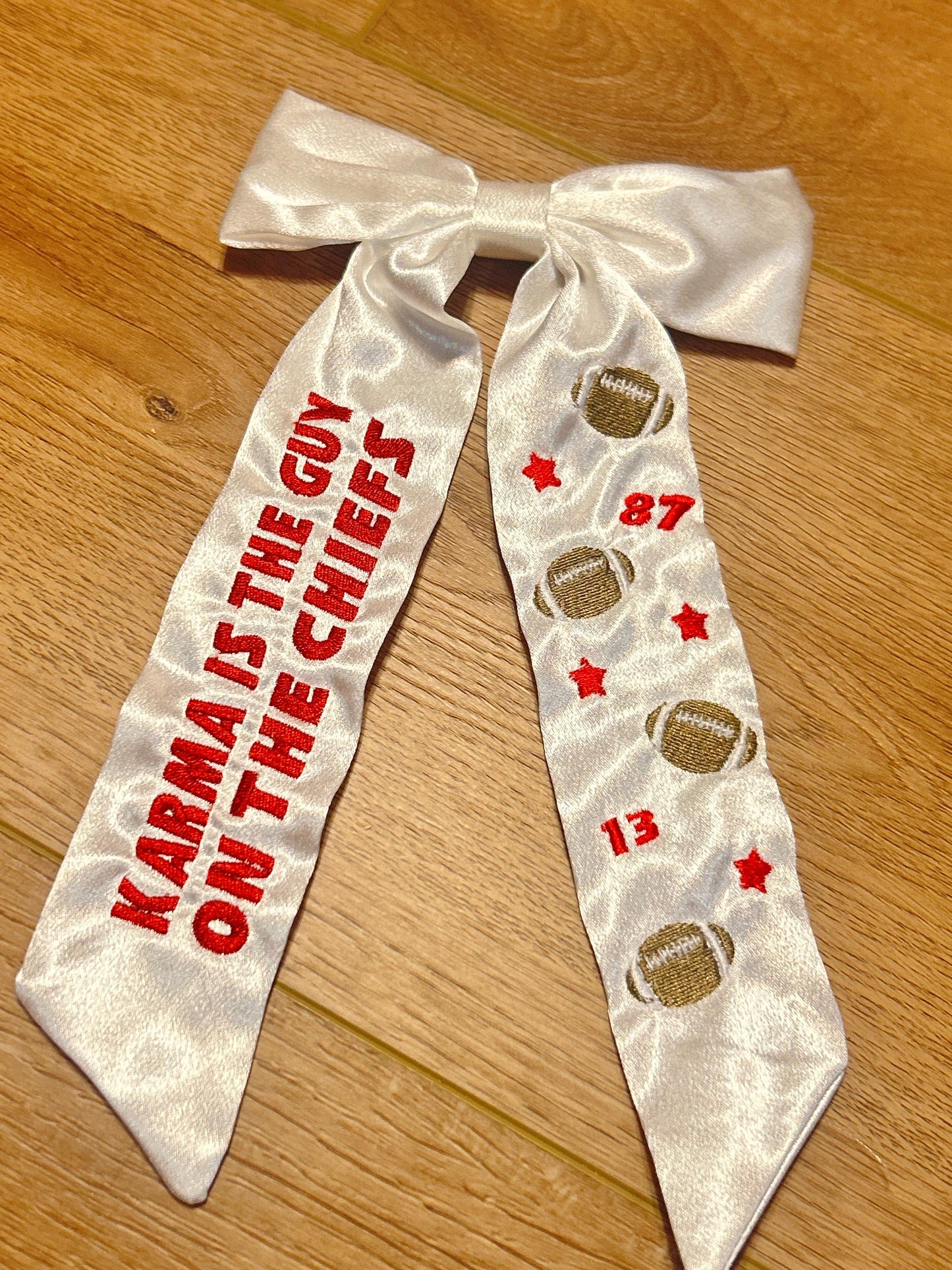 Football Custom Embroidered Concert Bows, Gifts for Her, Karma is the Guy