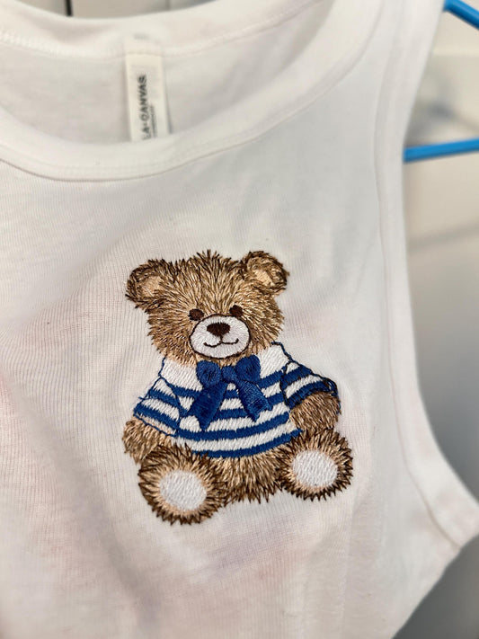 READY TO SHIP Wishbone Inspired White Sailor Teddy Baby Micro Tank Tops, Tour - slight mishap